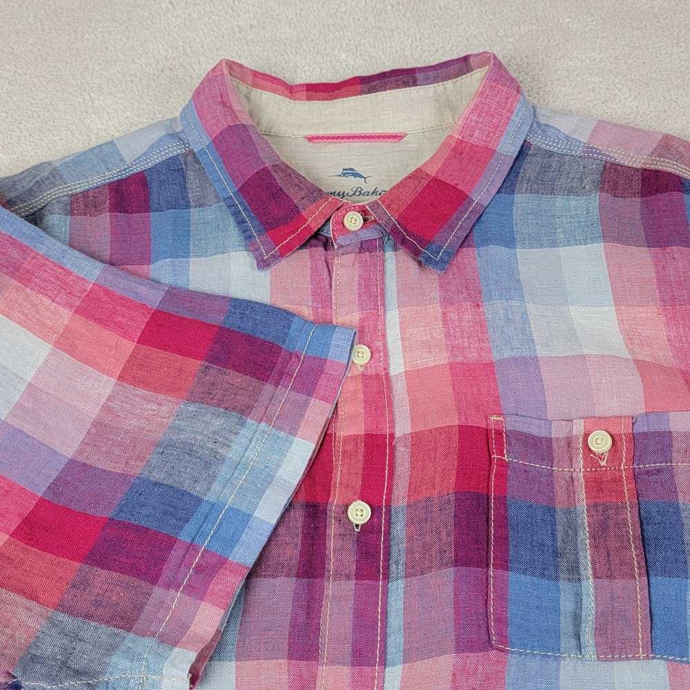 Tommy Bahama Relax Shirt Mens XXL Pink Blue Plaid Linen Short Sleeve Vacation